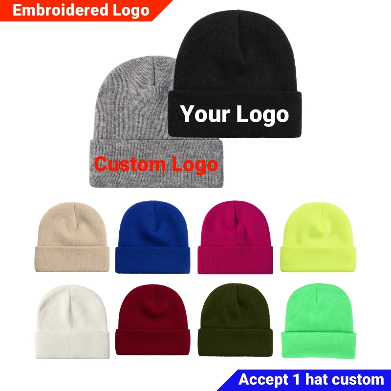 Top Trends: Custom Logo Beanie Hat Embroidery Knitted Caps Women Men Skull Cap Autumn Winter Elastic Skullies Personality Design Beanies Cap Shoppable Styles