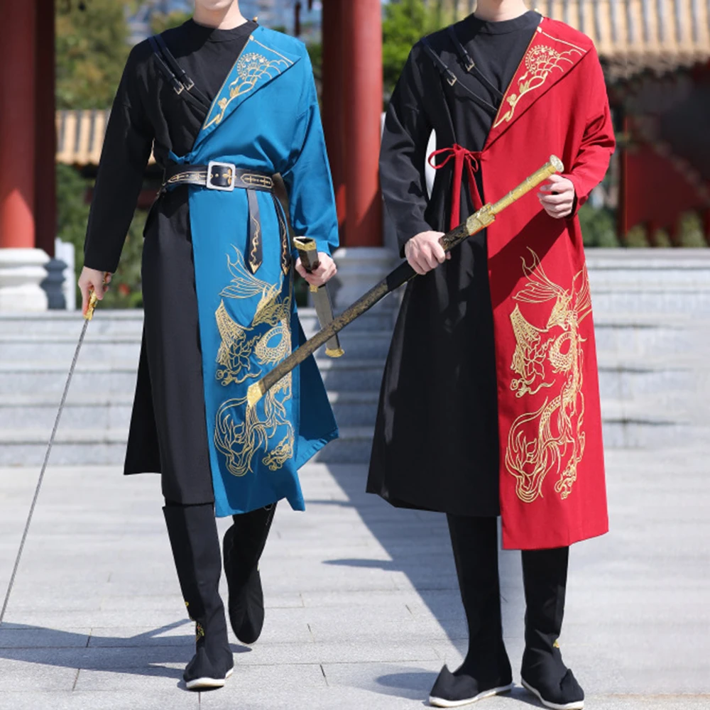 Top Trends: Men&#039;s Chinese Style Cosplay Hanfu Embroidery Hit Color Dragon Totem Embroidery Gown Embroidered Belt Traditional Ethnic Costumes Shoppable Styles