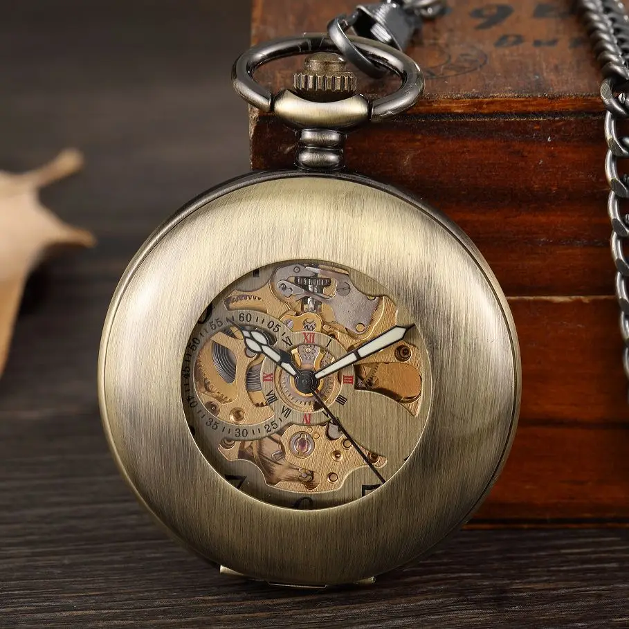 Top Trends: New Retro Bronze Smooth Hollow Case Skeleton Dial Self-wind Mechanical Pocket Watches Vintage Steampunk Fob Watch With Chain Shoppable Styles