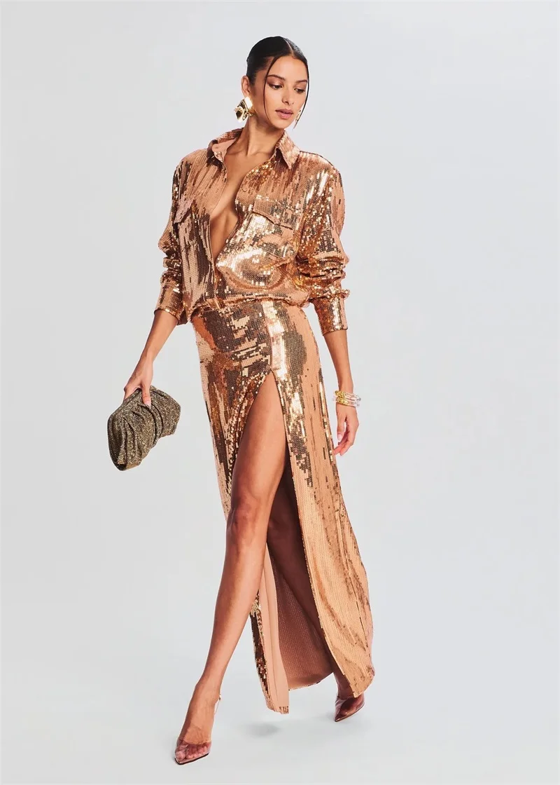 Top Trends: Golden Sequins Women Suit Skirt Set 2 Pieces Jacket+ Prom Dress Sexy V Neck Full Sleeves Shiny Coat Evening Party Gown In Stock Shoppable Styles