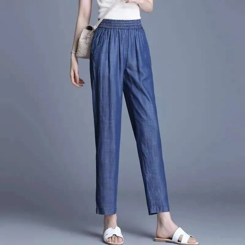 Top Trends: Korean Summer New Fashion Thin Jeans Solid Elastic High Waist Pocket Loose Everyday Versatile Straight Casual Harlan Pants 2023 Shoppable Styles