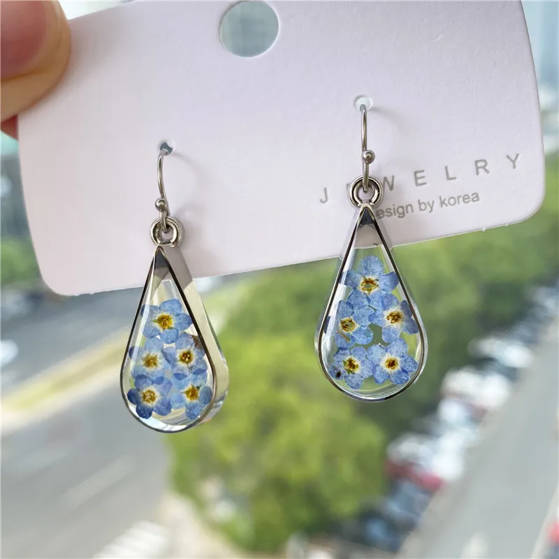 Top Trends: Natural Blue Floral Earrings Cute Real Flower Drop Earring For Women Unique Epoxy Resin Blue Flowers Earrings Wholesale Jewelry Shoppable Styles