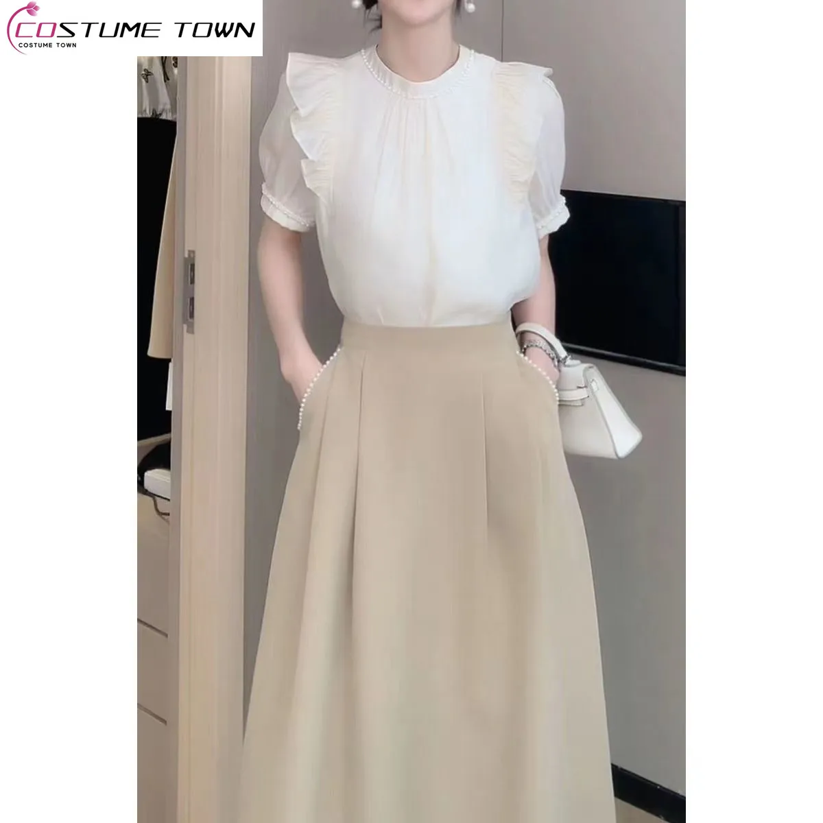 Top Trends: High-end Satin Gentleness Suit Women's 2023 Summer New French Stand-up Collar Panel Ruffle Top A-line Skirt Two-piece Set Shoppable Styles