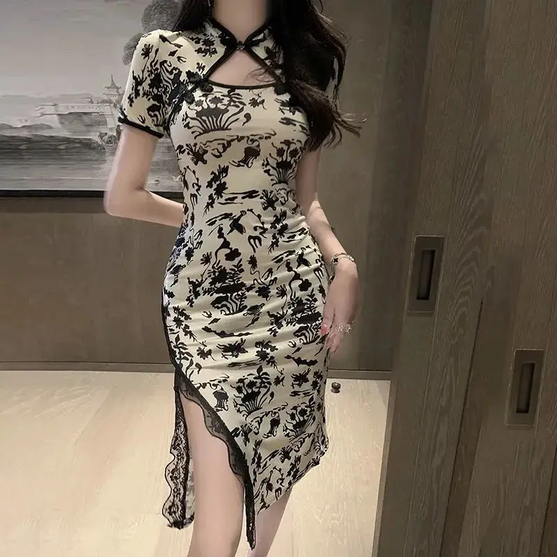 Top Trends: Chinese Style Cheongsam Disc Button X-shaped Dress Summer Fashion Vintage Lace Dress Sexy Elegant Dress For Female Floral Dress Shoppable Styles - Image 4