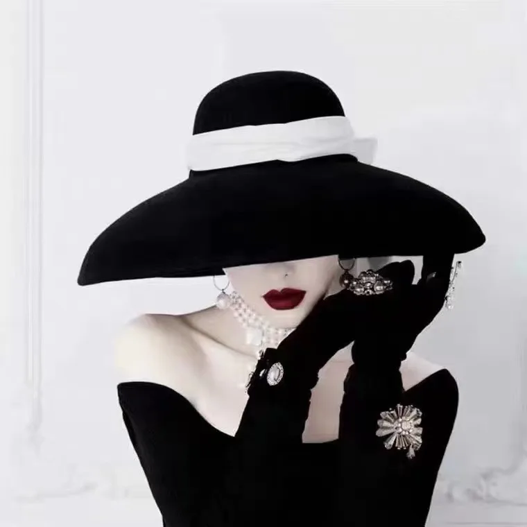 Top Trends: Hats For Women Luxury Designer Elegant Big Brim Hat Temperament Black Velvet Ribbon Hepburn Hat Shoppable Styles