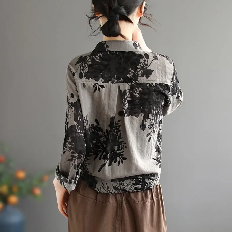 Top Trends: Printing Vintage Classic Korean Straight Button Turn-down Collar Cardigan All Season Thin Blouses Women's Clothing 2022 Fashion Shoppable Styles - Image 3