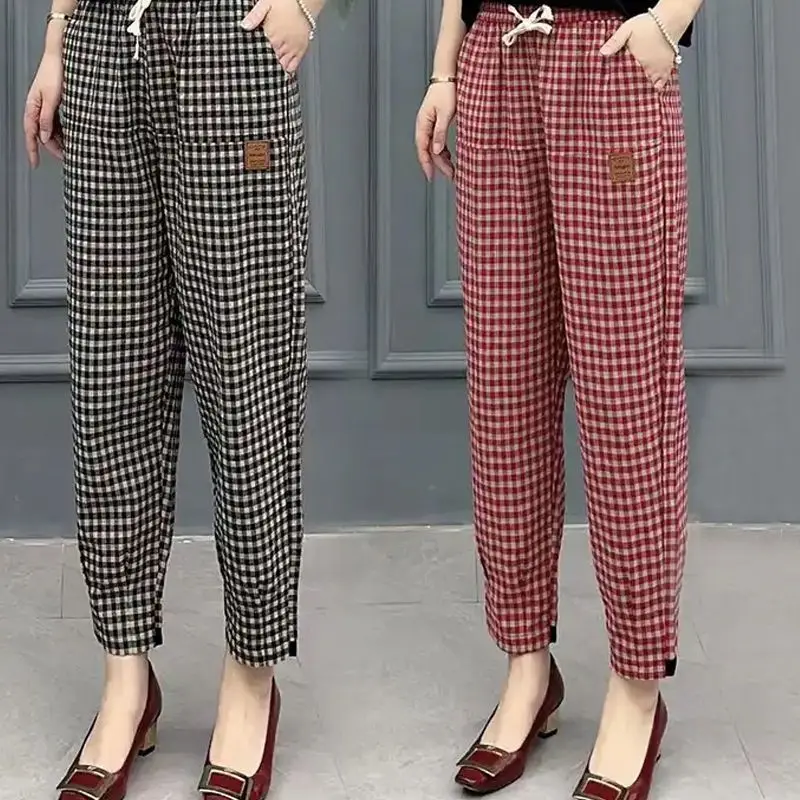 Top Trends: Autumn Loose Thin High Waist Fashion Elastic Waist Haren Pants Women Plaid Pocket Drawstring Casual Versatile Straight Trousers Shoppable Styles