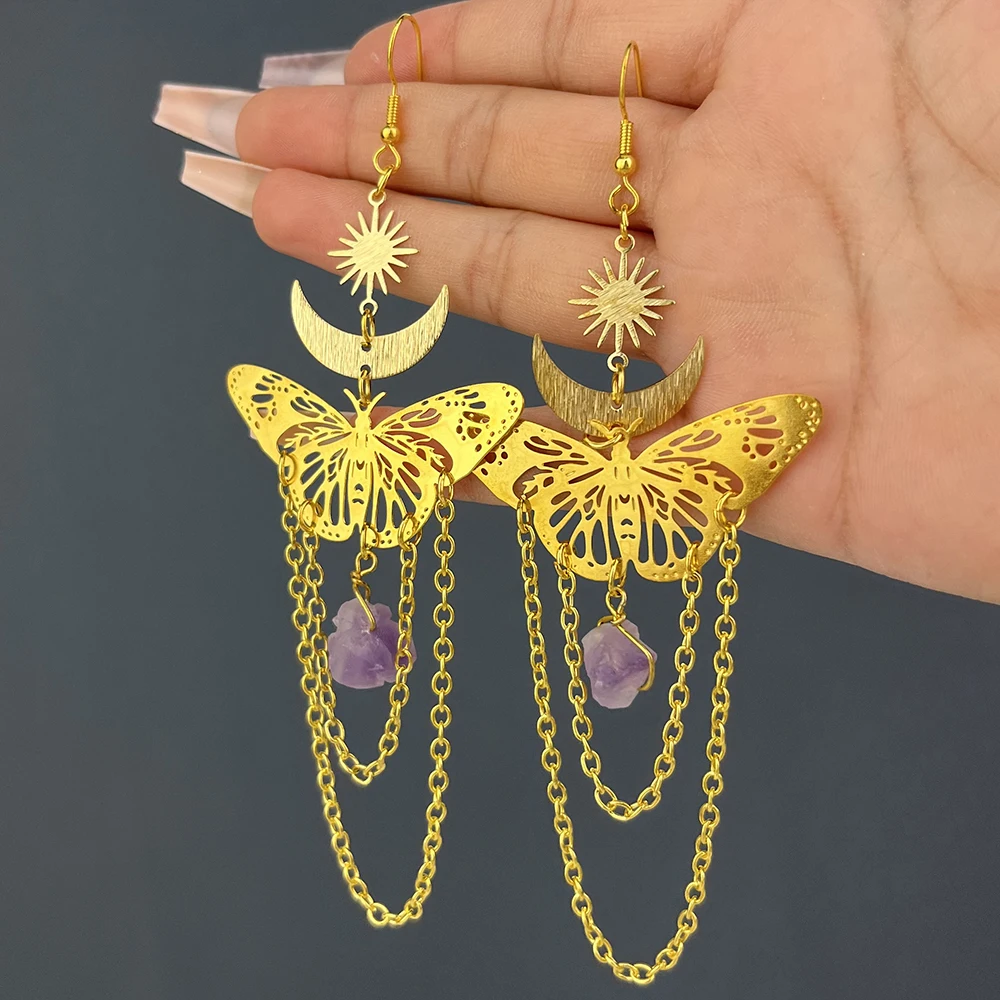 Top Trends: Amethyst Butterfly Drop Earrings For Women Fashion Simple Sun Moon Lady Birthday Logistics Pendant Earrings Jewelry Direct Sales Shoppable Styles