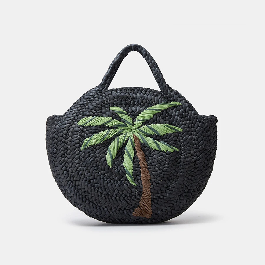 Top Trends: Fashion Coconut Tree Pattern Straw Women Handbags Round Corn Husk Woven Hand Bags Handmade Summer Beach Bag Large Tote Purses Shoppable Styles