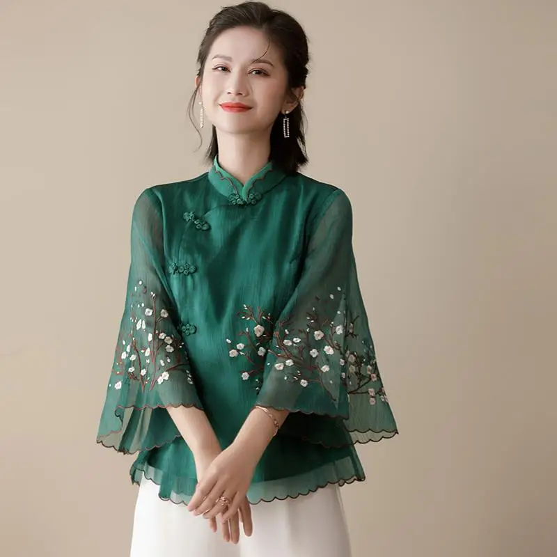 Top Trends: 2024 Women's Tanguits Cheongsam Top Retro Chinese Style Improved Standing Collar Plate Buckle Lady Zen Tea Srt Suit Blouse Shoppable Styles