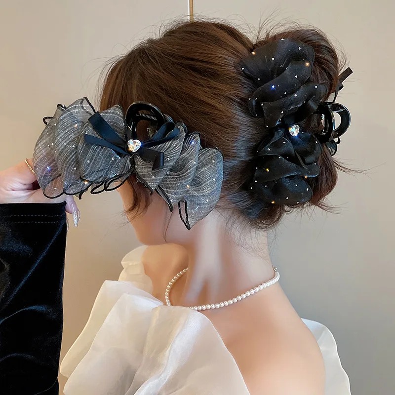 Top Trends: Elegant Black Starry Cloud Bubble Rhinestone Hair Clip With Double-Sided Bow Tie Ponytail Hair Claw Women Hair Accessories Gift Shoppable Styles