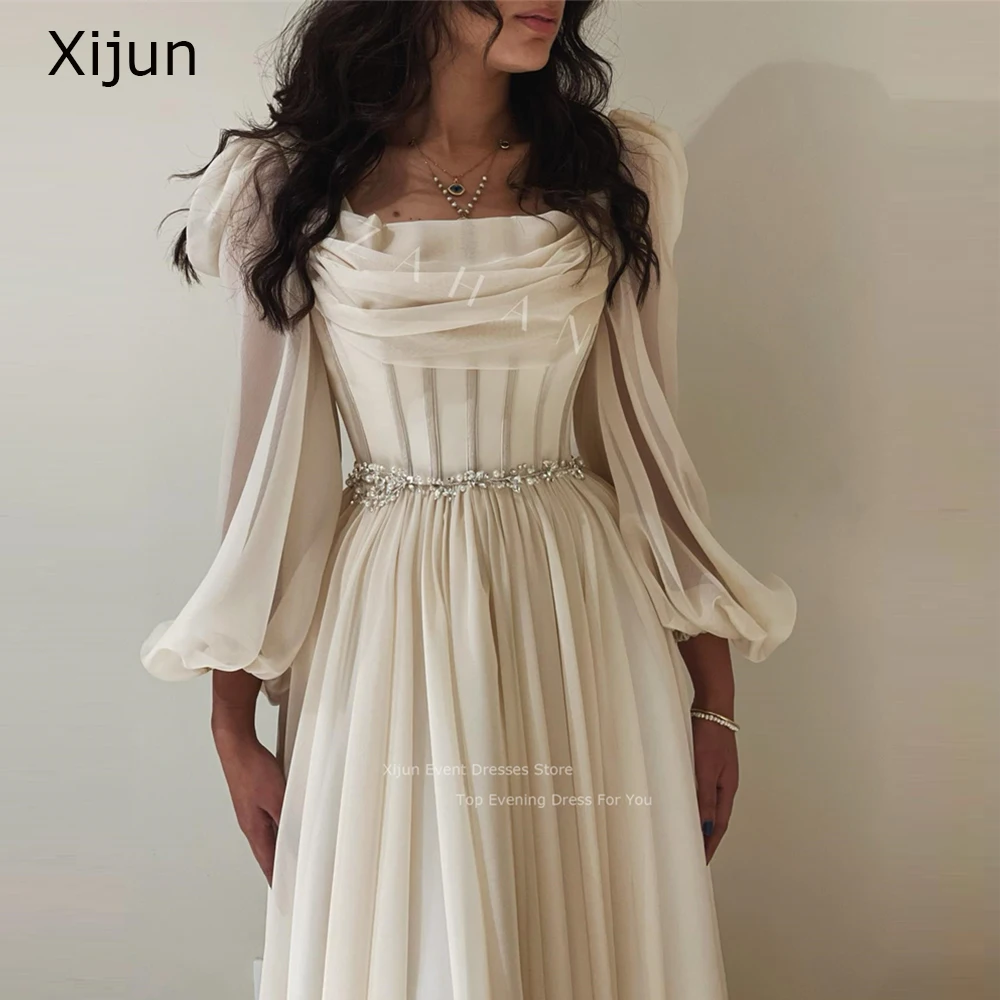 Top Trends: Xijun Chiffon Long Sleeves Prom Dresses Pleats Crystal Beaded Prom Gowns Formal Party Elegant Gowns Dubai Evening Dress Women Shoppable Styles