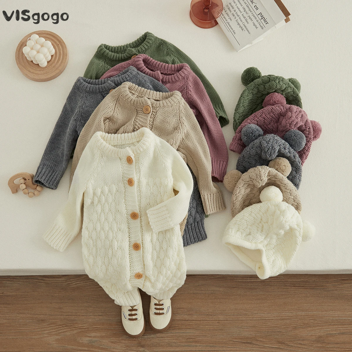 Top Trends: VISgogo Baby 2PCS Winter Jumpsuit Outfits Infant Boys Girls Clothes Long Sleeve Solid Color Knitted Romper + Bear Hat Set Shoppable Styles - Image 3