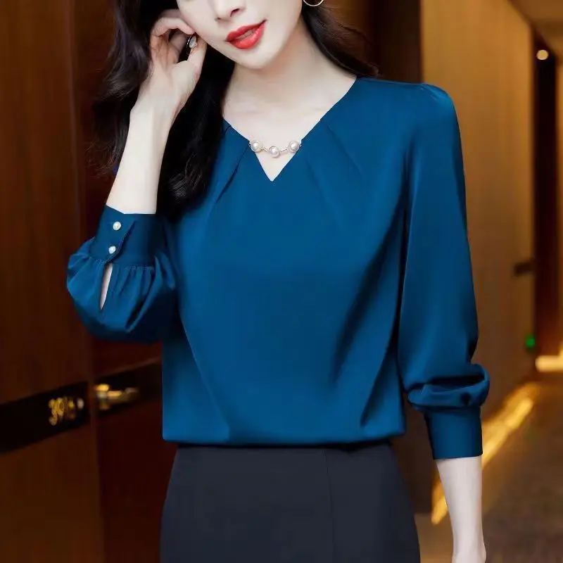 Top Trends: Elegant V-Neck Spliced Button Beading Folds Chiffon Blouse Women's Clothing 2023 Autumn New Casual Pullovers Office Lady Shirt Shoppable Styles