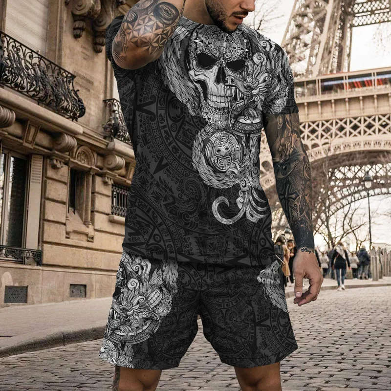 Top Trends: 2023 Summer Men's T Shirt Set 3D Skull Printing Tracksuit Short Pants Suit Clothing Daily Casual 2 Piece Streetwear Oversized Shoppable Styles