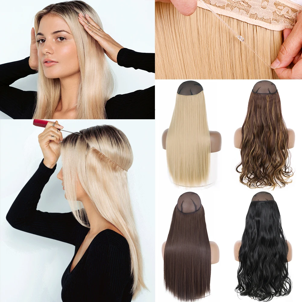 Top Trends: No Clip Natural Hair Extensions Invisible Wire Synthetic Long Straight Black Brown Blonde False Fish Line Hairpiece For Women Shoppable Styles