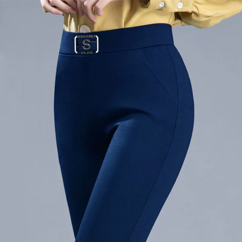 Top Trends: Spring Autumn Korean Fashion Woman For Pencil Pants High Waist Elastic Diamonds Solid Office Lady Casual Slim Straight Trousers Shoppable Styles