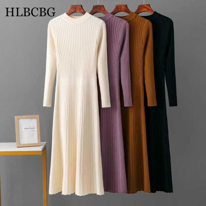 Top Trends: Long Sleeve Party Midi Dress For Women Knitted O Neck Elegant Knitted Sweater Dresses Ladies Slim Waist A-line Knitted Dress Shoppable Styles