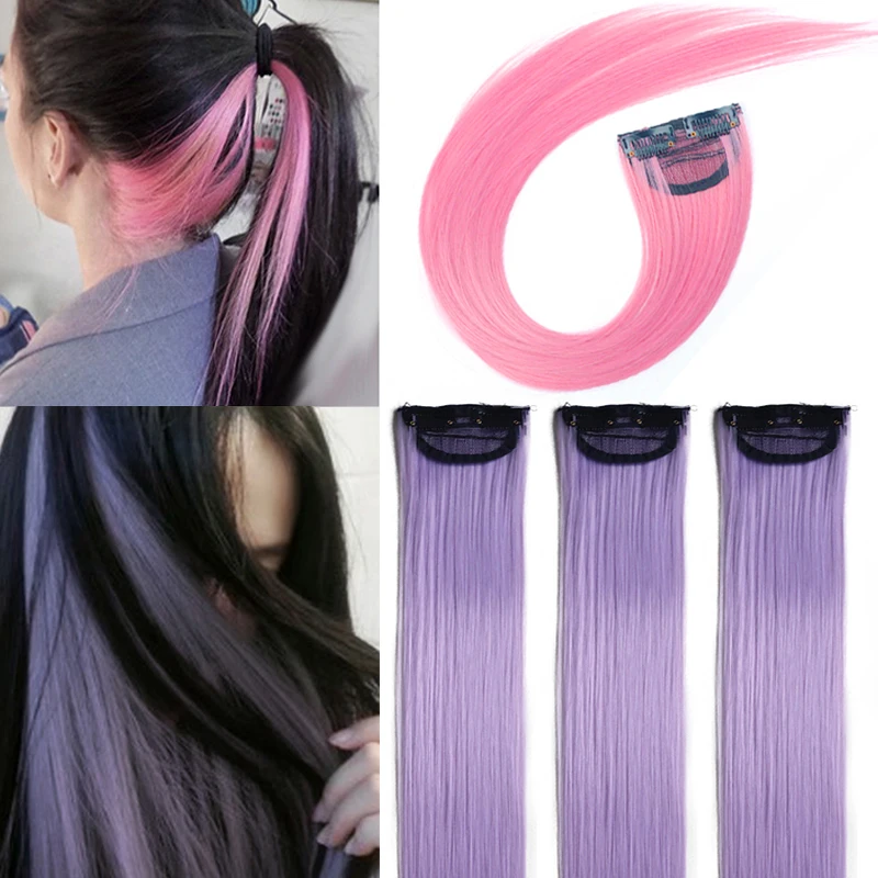 Top Trends: Synthetic 1 PC Colored 2Clips In Hair Extension Straight Hairpieces Pink Purple Green Natural Hair Extension Fake Hair Pieces Shoppable Styles