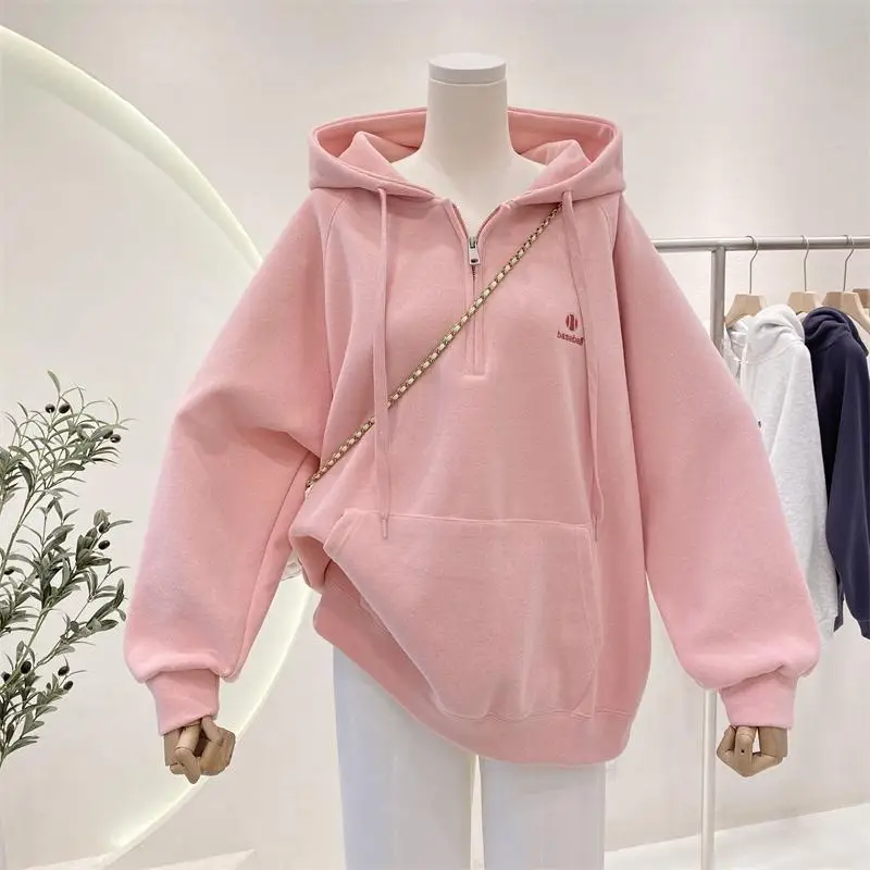 Top Trends: 2023 New Spring And Autumn Age Reducing Versatile Letter Printing Kangaroo Pocket Design With Half Zip Hooded Pullover For Women Shoppable Styles