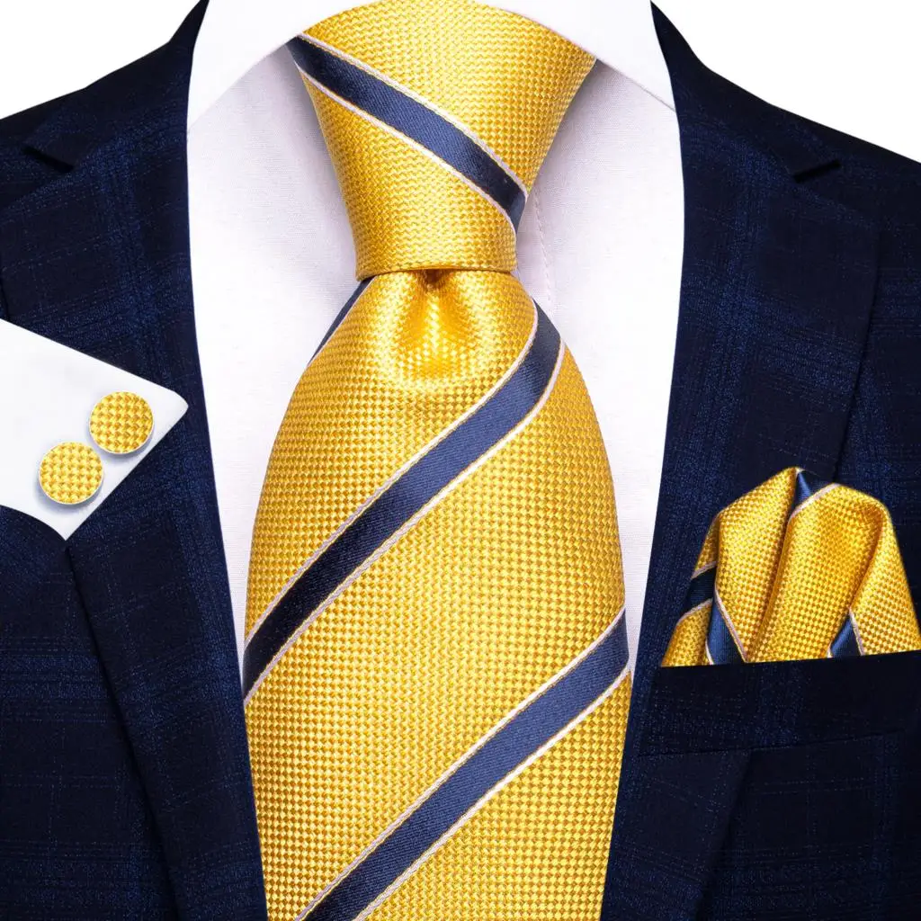 Top Trends: Luxury Yellow Blue Striped 2022 New Fashion Brand Ties For Men Wedding Party Necktie Set Handkerchief Cufflinks Gift Wholesale Shoppable Styles