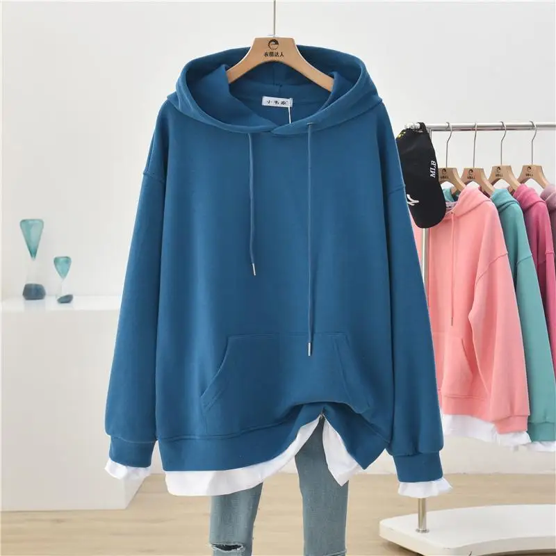 Top Trends: Spring Autumn New Loose All-match Fake Two Piece Hooded Long Sleeve Solid Plus Size Sweatshirts Fashion Casual Women Clothing Shoppable Styles