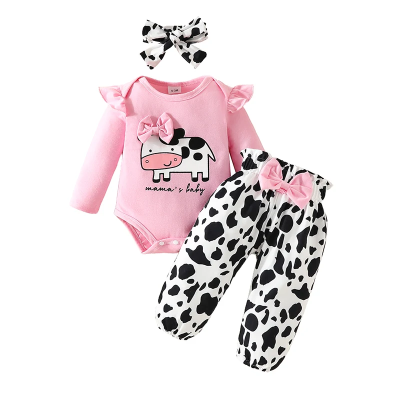 Top Trends: 0-18 Months Newborn Baby Girl Clothes Outfits Cute Cow Letter Tops Long Sleeve Bodysuits Elastic Waist Trousers With Hairband Shoppable Styles