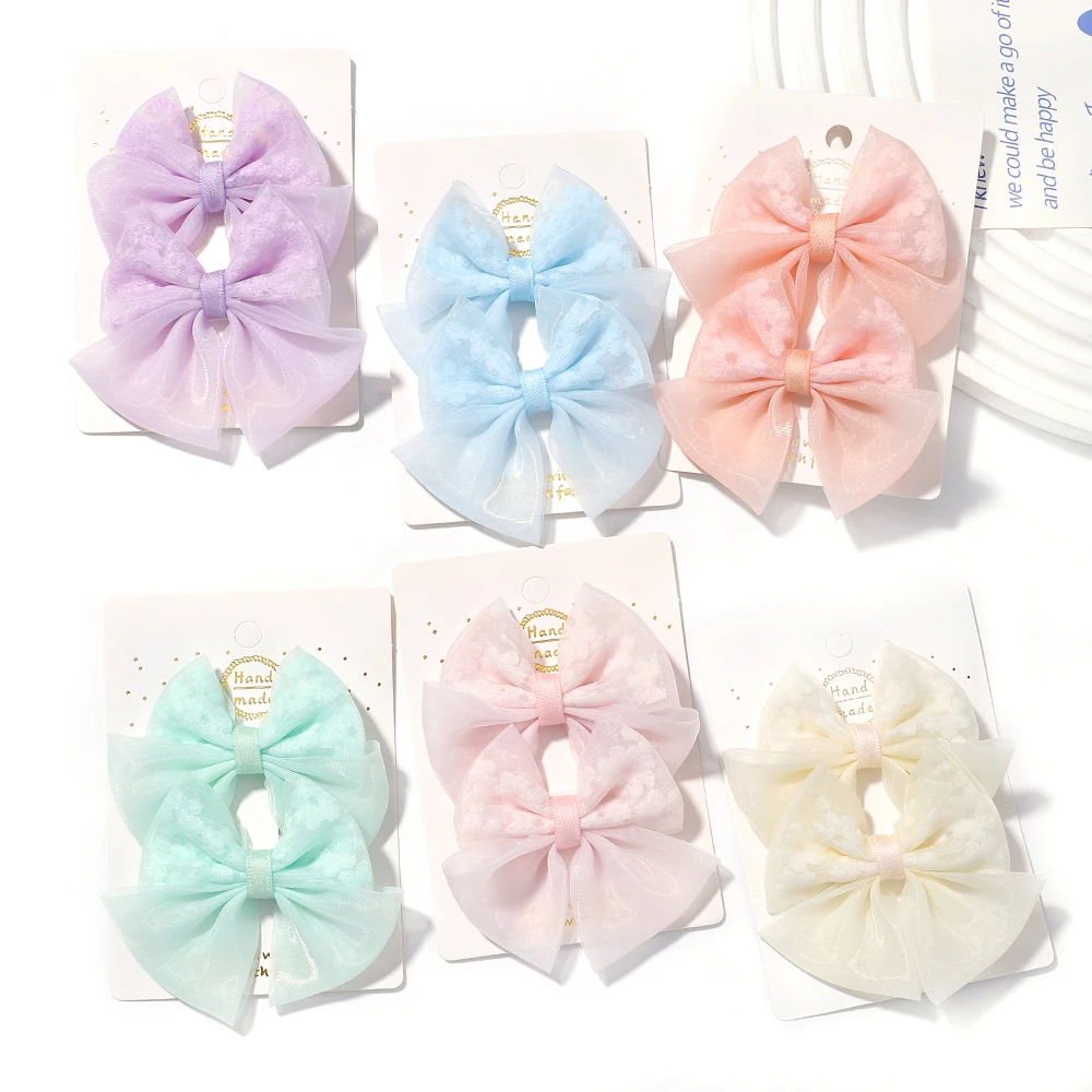 Top Trends: 2Pcs Solid Color Embroidered Plaid Bows With Hair Clips Kids Girls Cotton Bow Hairpin Barrettes Baby Headwear Hair Accessories Shoppable Styles