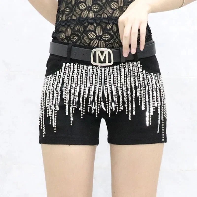 Top Trends: Black Sequins Tassels Denim Shorts Women's Streetwear 2023 Summer New Korean Slim Chain Trend Hot Pants White Casual Short Jeans Shoppable Styles