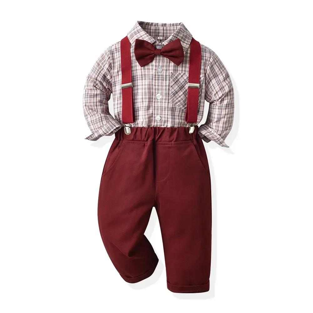 Top Trends: Boy's Autumn Long Sleeve Plaid Shirt And Strap Pants Set Boy Boys' Strap Pants Set Boy Red Strap Pants 70cm-160cm Cotton Shirt Shoppable Styles