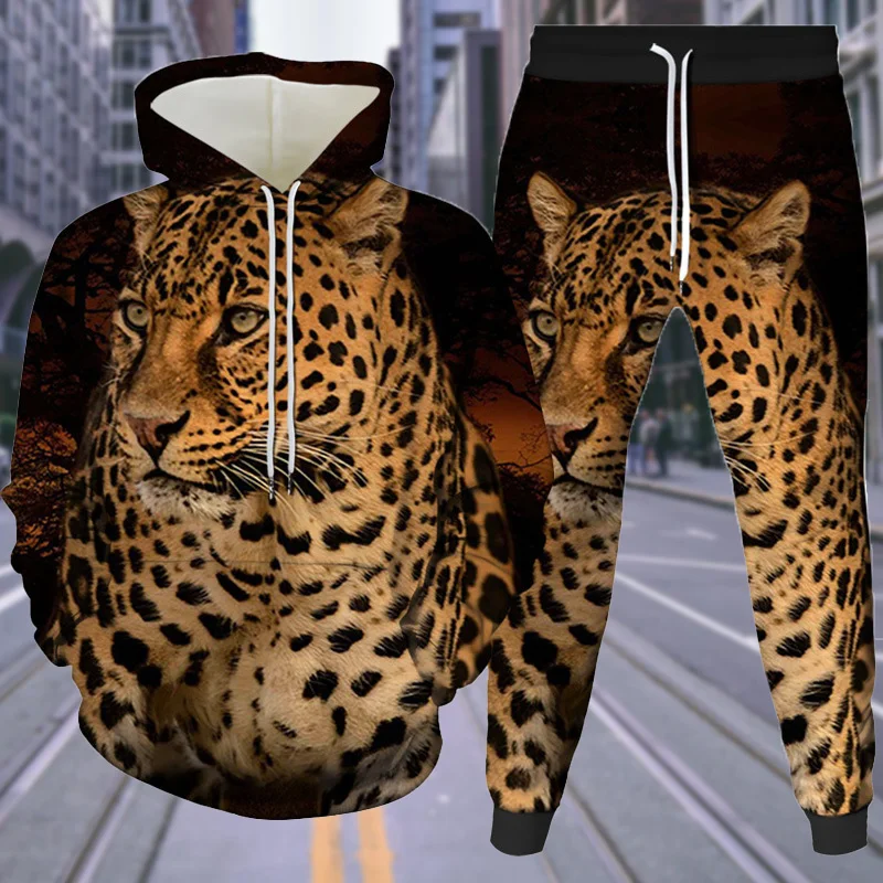 Top Trends: Leopard 3D Print Sweatshirts Suit Autumn Fashion Men's Hoodie 2 Piece Set Street Pullover Male Casual Tracksuit Hoodie Set Shoppable Styles