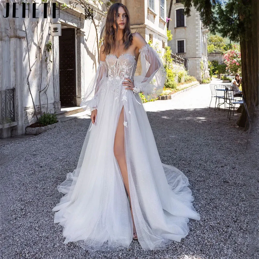 Top Trends: JEHETH 2024 Boho Off Shoulder Long Sleeves Wedding Dresses Simple A-line Tulle Bridal Gown Sweetheart Neck Split платье женское Shoppable Styles