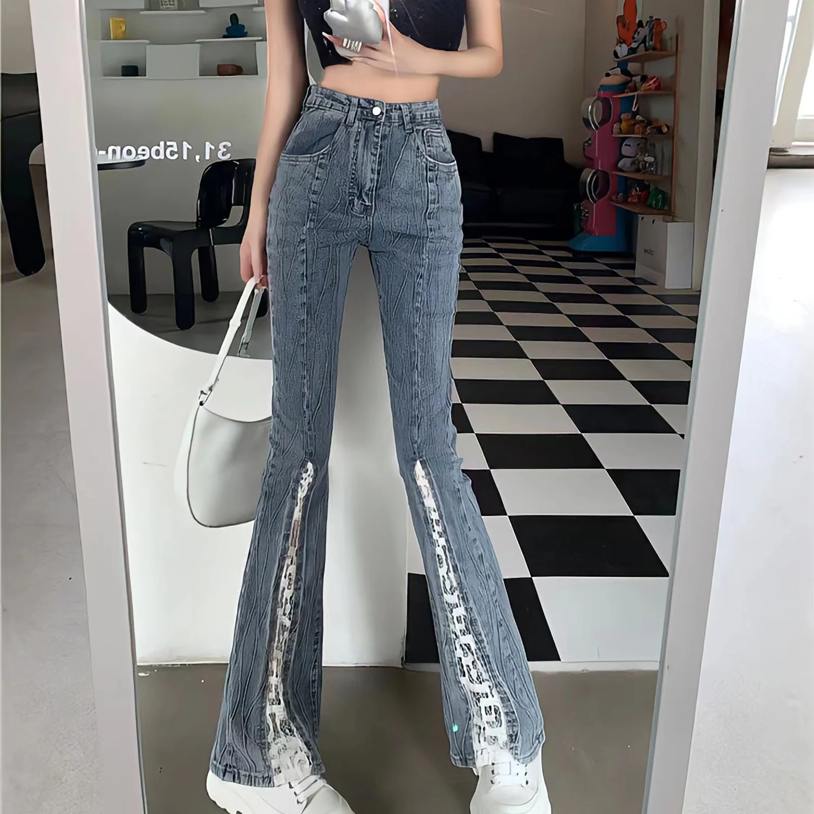 Top Trends: New Women Jeans Front-Slit Spliced Flare Elegant Korean Style Casual Trendy Retro Chic Lace Denim Pants Y2k 90s Women'S Trousers Shoppable Styles - Image 5