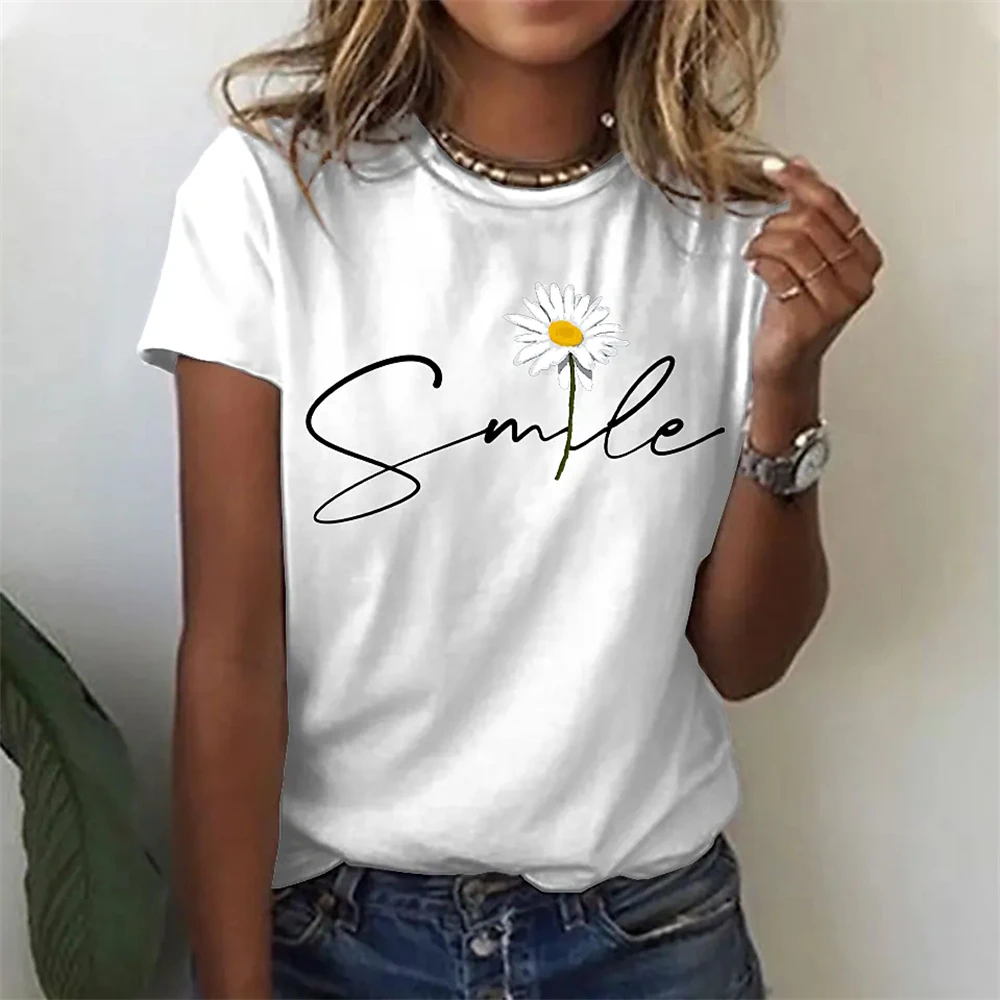 Top Trends: Women's T-shirt Daisy Print Short Sleeve Casual Weekend Flowers Y2k Basic Street Black And White Yellow Round Neck Top For Girls Shoppable Styles