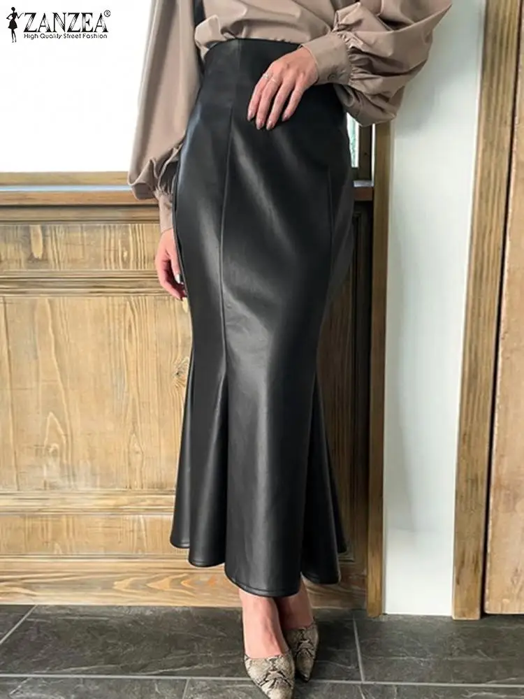 Top Trends: ZANZEA Casual Zipper Party Faldas Women PU Leather Maxi Skirt 2023 Autumn High Waist Jupe Vintage Package Hip Fishtail Skirt Shoppable Styles