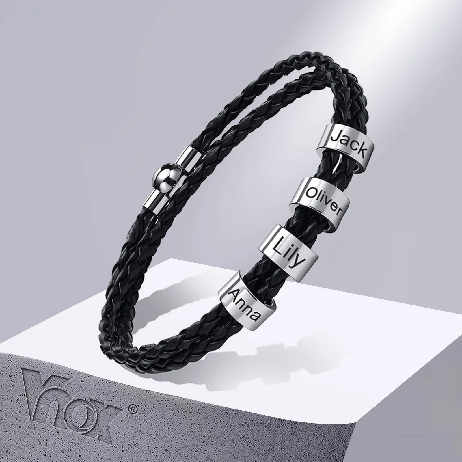 Top Trends: Vnox Free Custom Name Mens Braided Genuine Leather Bracelet Gifts Jewelry, Stainless Steel Beads Charm With Family Names Shoppable Styles