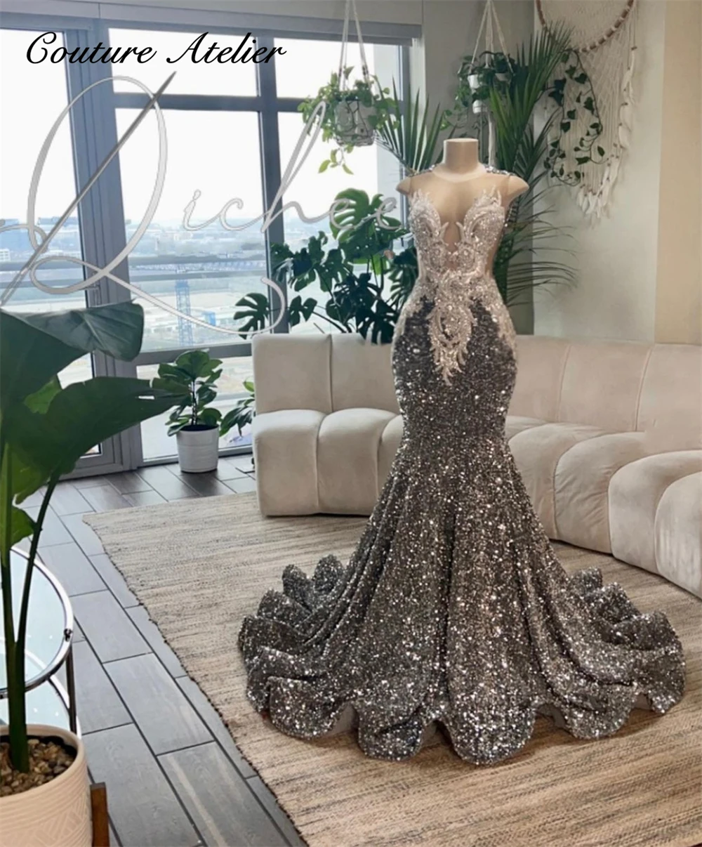 Top Trends: O Neck Sliver Beaded Lace Appliques Sequin Prom Dresses Black Girls Mermaid Dresses For Party Wedding Evening Gala Dress Elegant Shoppable Styles