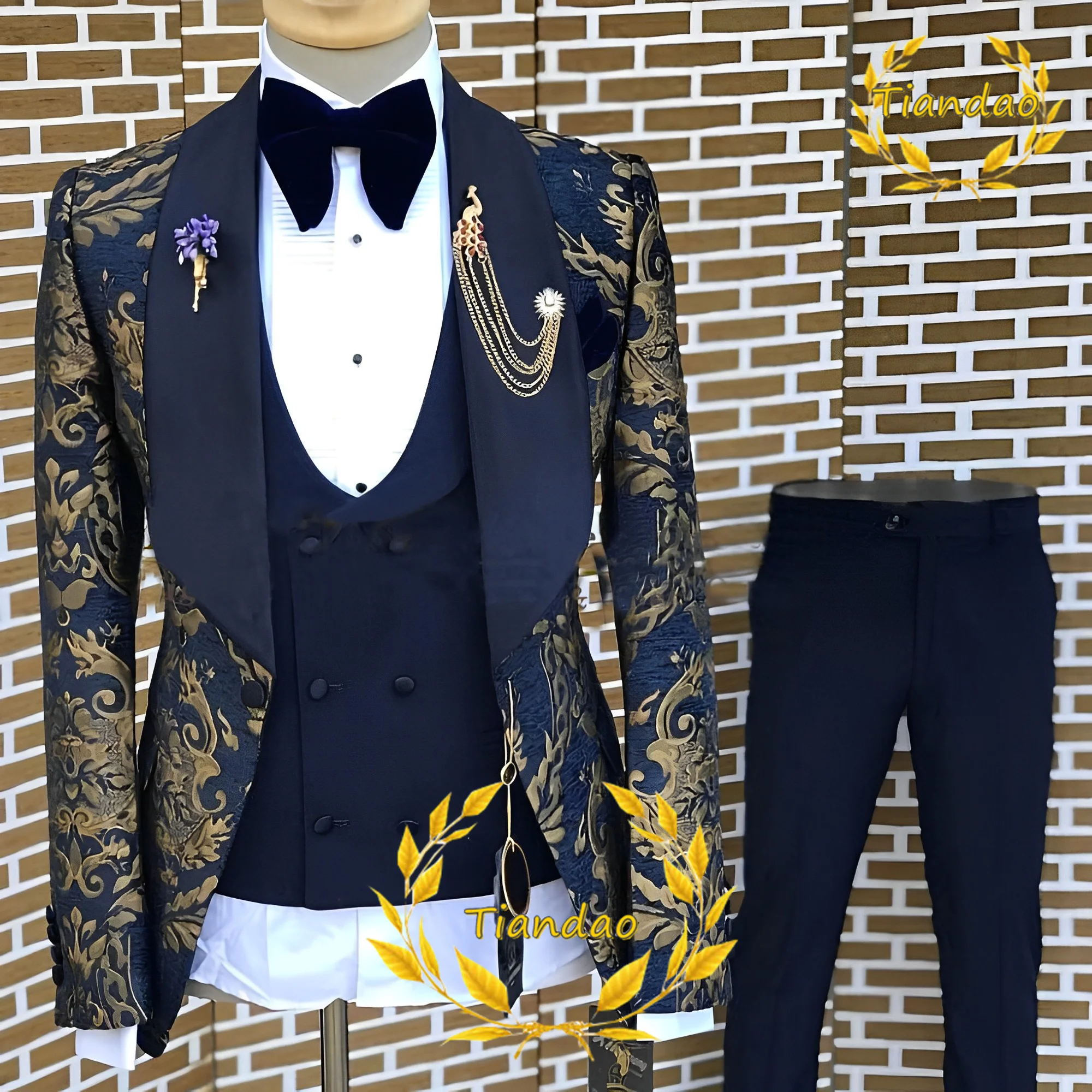 Top Trends: Gold Pattern Men Suit Jacket Pants Vest 3 Piece Set Wedding Groom Tuxedo Formal Party Fashion Lapel Blazer Shoppable Styles