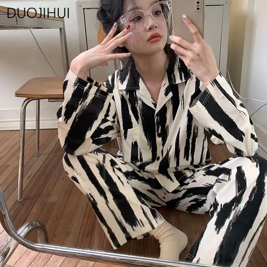 Top Trends: DUOJIHUI Classic Two Piece Contrast Color Female Pajamas Set Long Sleeve Cardigan Basic Pant Loose Casual Home Pajamas For Women Shoppable Styles