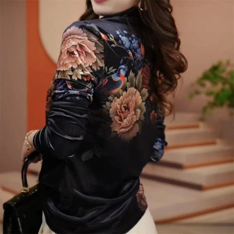 Top Trends: Women Clothing Autumn Winter Vintage Floral Print Luxury Velvet Elegant Basic T Shirt Fashion Half High Collar Long Sleeve Tops Shoppable Styles - Image 2