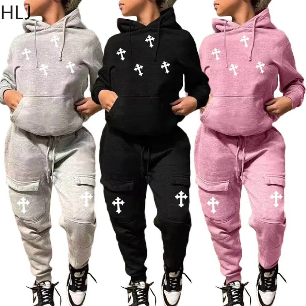 Top Trends: HLJ&amp;GG Winter Fashion Pattern Print Hooded Two Piece Sets Women Long Sleeve Top And Jogger Pants Tracksuits Casual 2pcs Outfits Shoppable Styles