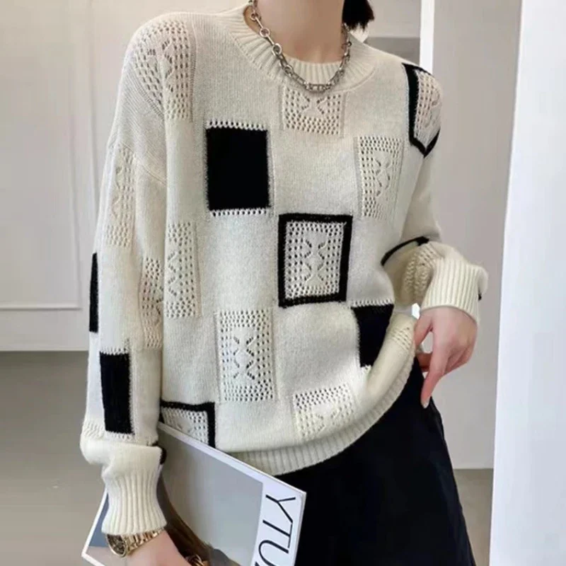 Top Trends: Fashion Tops 2022 Women Oversized Sweater Autumn Winter New Colorblock Plaid Knitted Pullovers Round Neck Retro Warm Sweaters Shoppable Styles