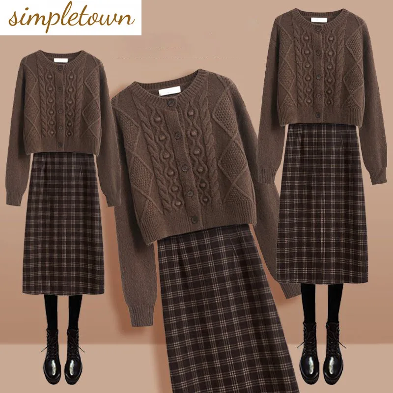 Top Trends: Autumn New Vintage Knitted Sweater Cardigan Plaid Spliced Half Skirt Two Piece Elegant Women&#039;s Party Dress Winter Outfits Shoppable Styles