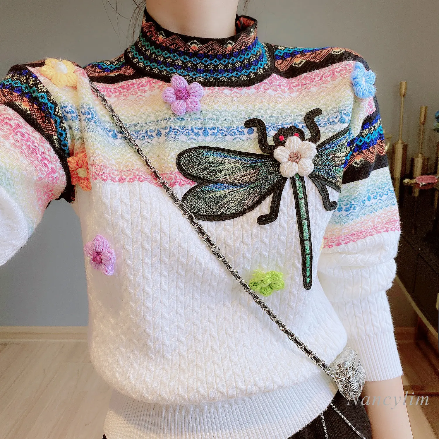 Top Trends: 2023 Spring Autumn New Round Neck Long Sleeve Contrast Color Twist Sweater Women&#039;s Three-Dimensional Flower Dragonfly Pull Femme Shoppable Styles