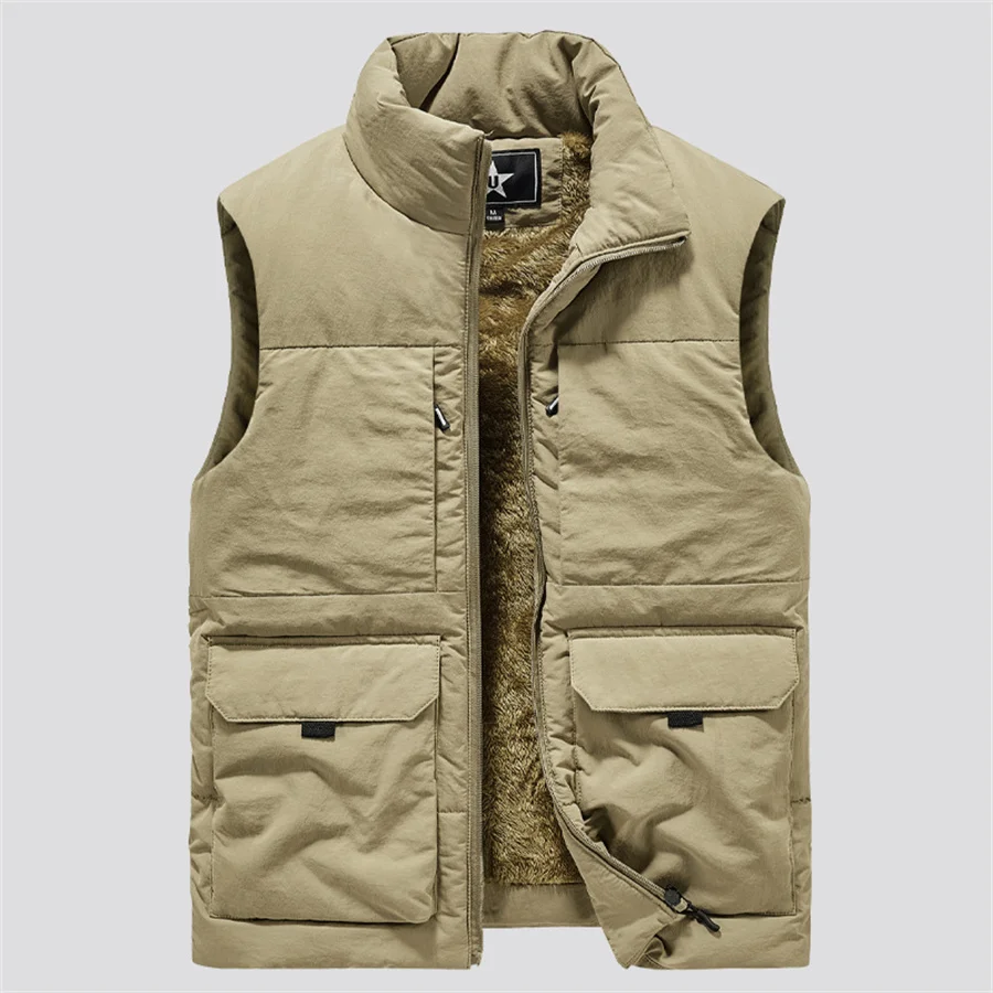 Top Trends: Winter Men&#039;s Cargo Vest Thick Fleece Warm Sleeveless Jacket Solid Color Tactical Vests Windproof Coat Men Work Waistcoat 6XL Shoppable Styles