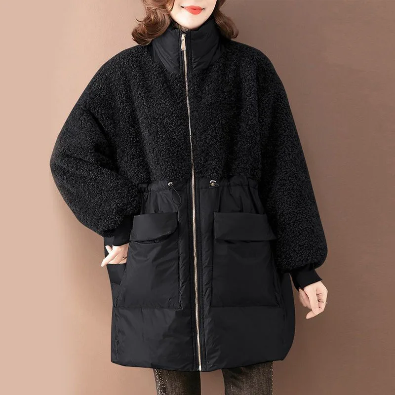 Top Trends: Cotton-padded Women Mid-length Winter Fashion Stitching Lamb Wool Cotton-padded Loose Large Size Warm Cotton-padded Jacket Woman Shoppable Styles