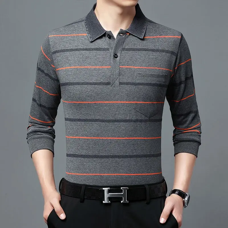 Top Trends: Fashion Men New Business Striped Polo Shirts Korean Spring Autumn Casual Long Sleeve Lapel Pockets Male Clothes Cotton Tops 2023 Shoppable Styles