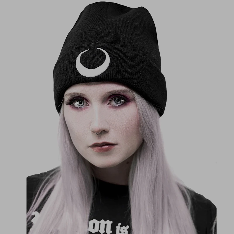 Top Trends: Gothic Dark Punk Black Knitted Caps Hats Harajuku Grunge Moon Graphic Print Autumn Woman Cap Beanies Warmer Cap Women's Cap Shoppable Styles