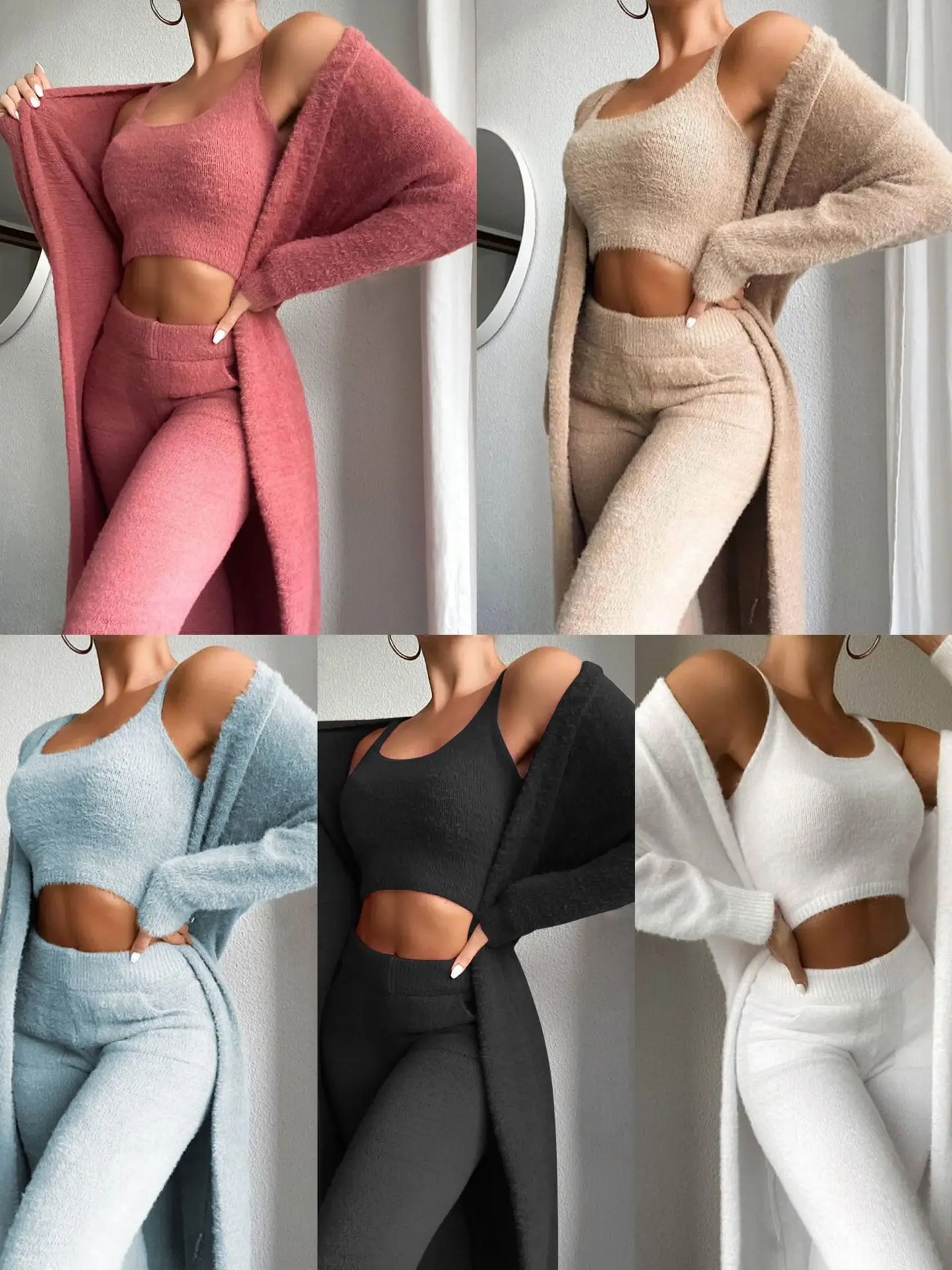 Top Trends: Women Knitted Plush Comfy Outfit Set Lounge Wear Plush Crop Top And Cardigan And Long Trousers Pants Pajamas 3 Piece Set Shoppable Styles