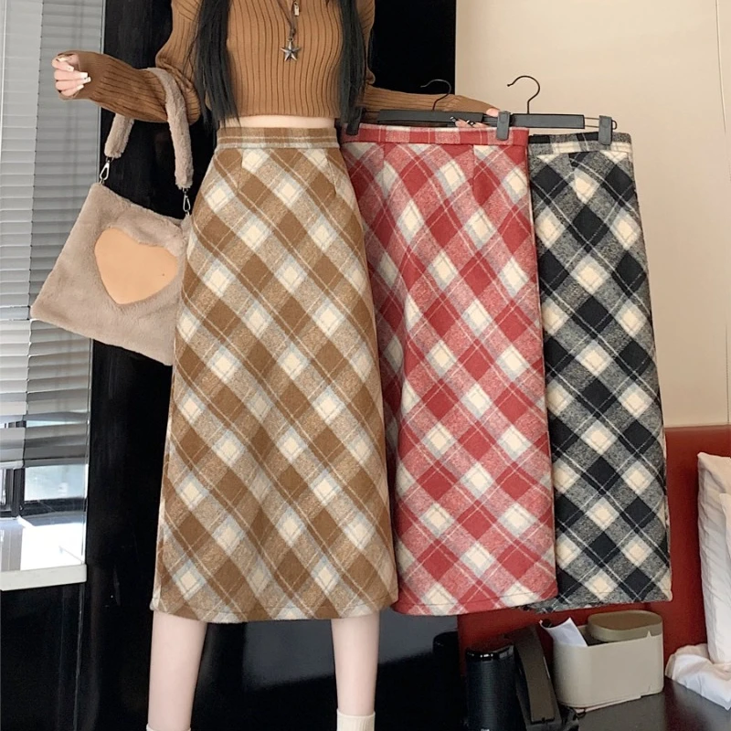 Top Trends: Vintage Y2k Plaid Skirt Retro Half Length Skirt For Women&#039;s Autumn And Winter New High Waist Mid Length A-line Wrapped Hip Skirt Shoppable Styles